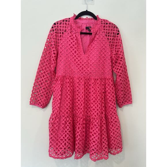 J. Crew Hot Pink Embroidered Eyelet Tiered Popover Dress Size XXS 2038 - Picture 1 of 10